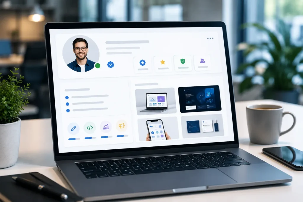 Professional freelance profile displaying portfolio samples, skills, profile photo, and verification badges on a modern laptop dashboard.