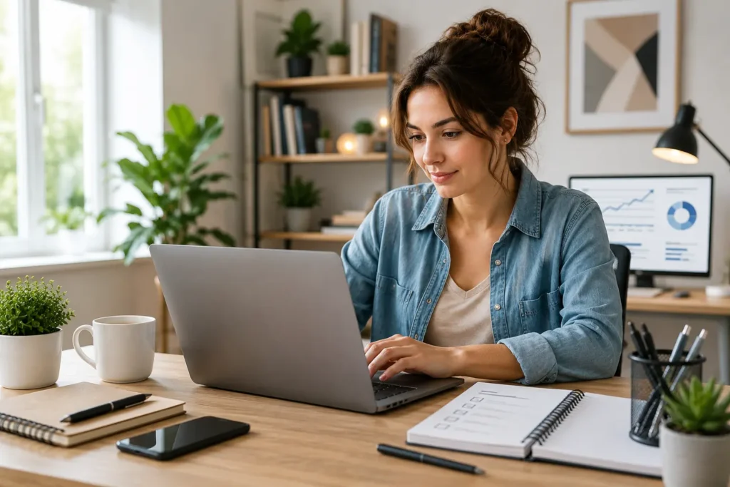 Young professional woman optimizing a blog post for SEO while working on a laptop in a modern home office.
