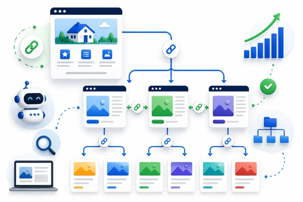 Internal linking diagram showing a homepage connected to blog posts and related articles to improve website structure, user navigation, and SEO.