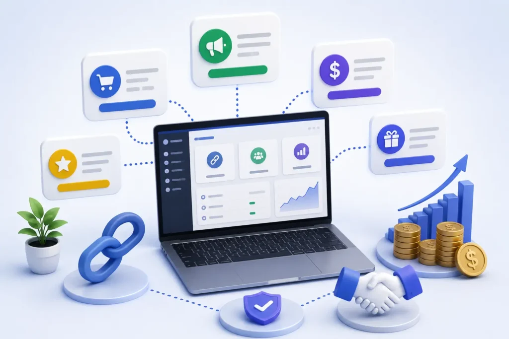 Affiliate marketer joining partnership programs and managing affiliate offers through a digital dashboard.