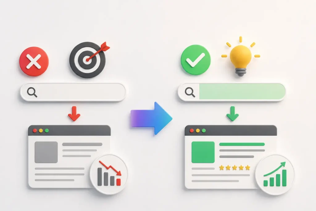 Infographic comparing a broad keyword with a long-tail keyword, showing why keyword research helps beginner bloggers improve SEO and target search intent.