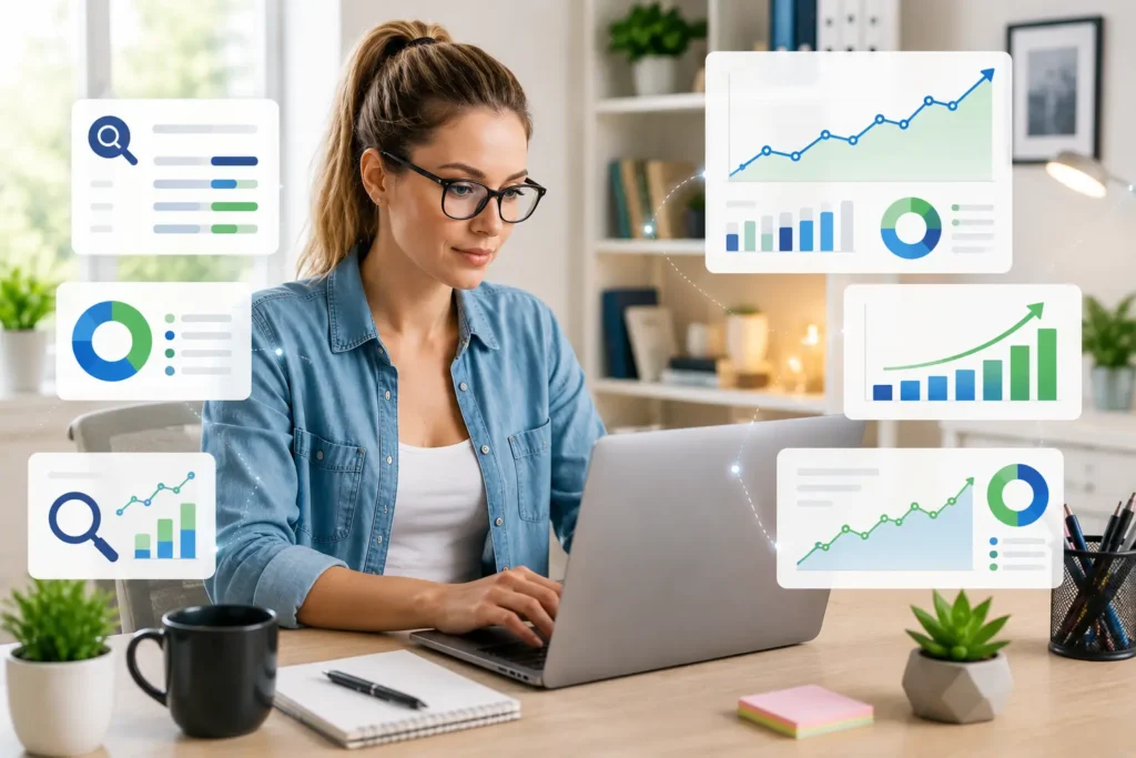 American female SEO specialist wearing glasses analyzing keyword research and organic traffic growth on a laptop dashboard.