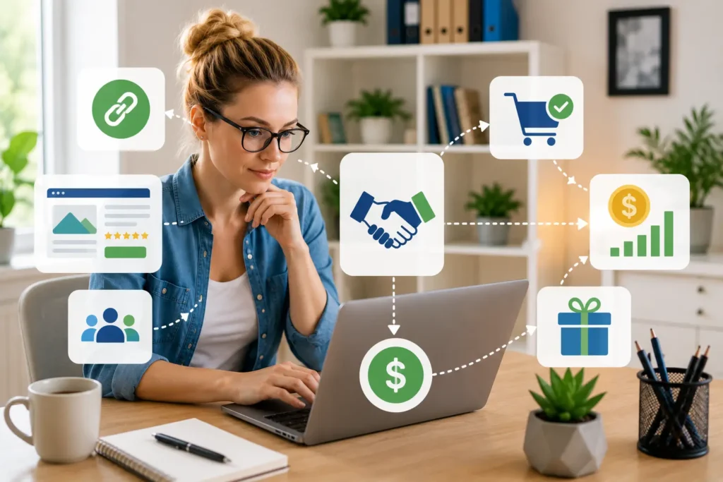 American female blogger using affiliate marketing strategies with product recommendations and commission growth analytics.