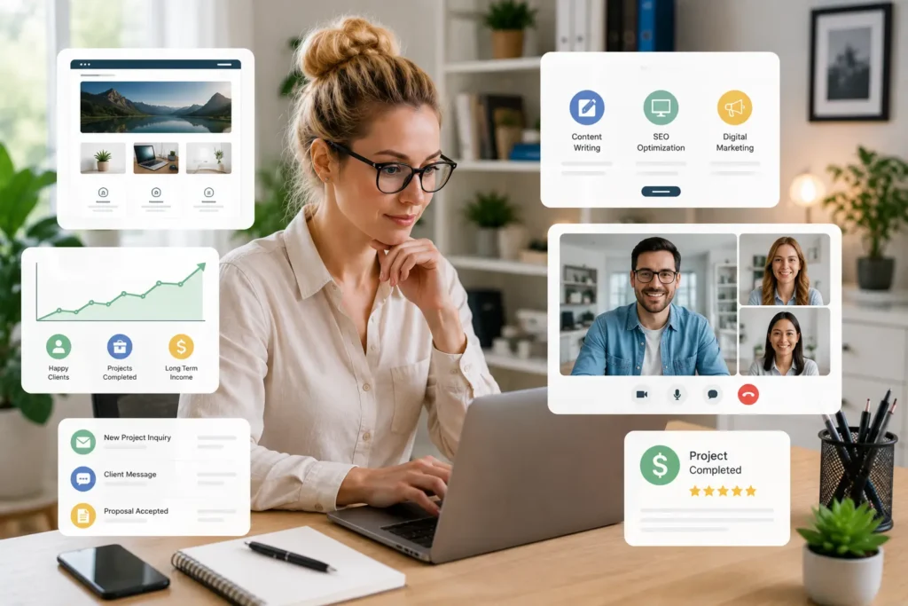 American female freelancer working with clients through a portfolio website and remote collaboration tools.