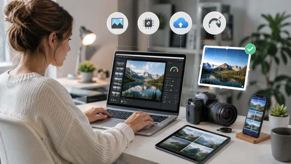 Young professional optimizing blog images for SEO using image compression, responsive design, and image optimization tools on a laptop.