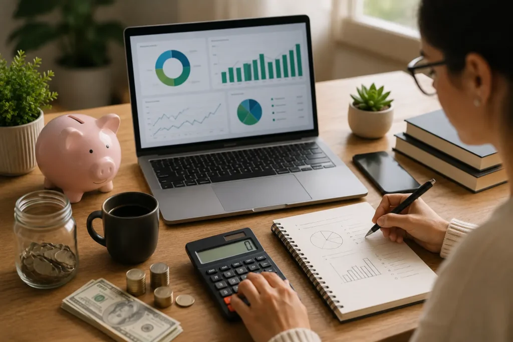 Young woman planning a personal budget using a calculator, savings jar, cash, and financial dashboard on a laptop.