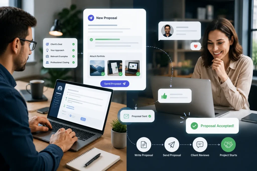 Freelancer sending a personalized proposal to a client through a professional communication dashboard with project approval workflow.