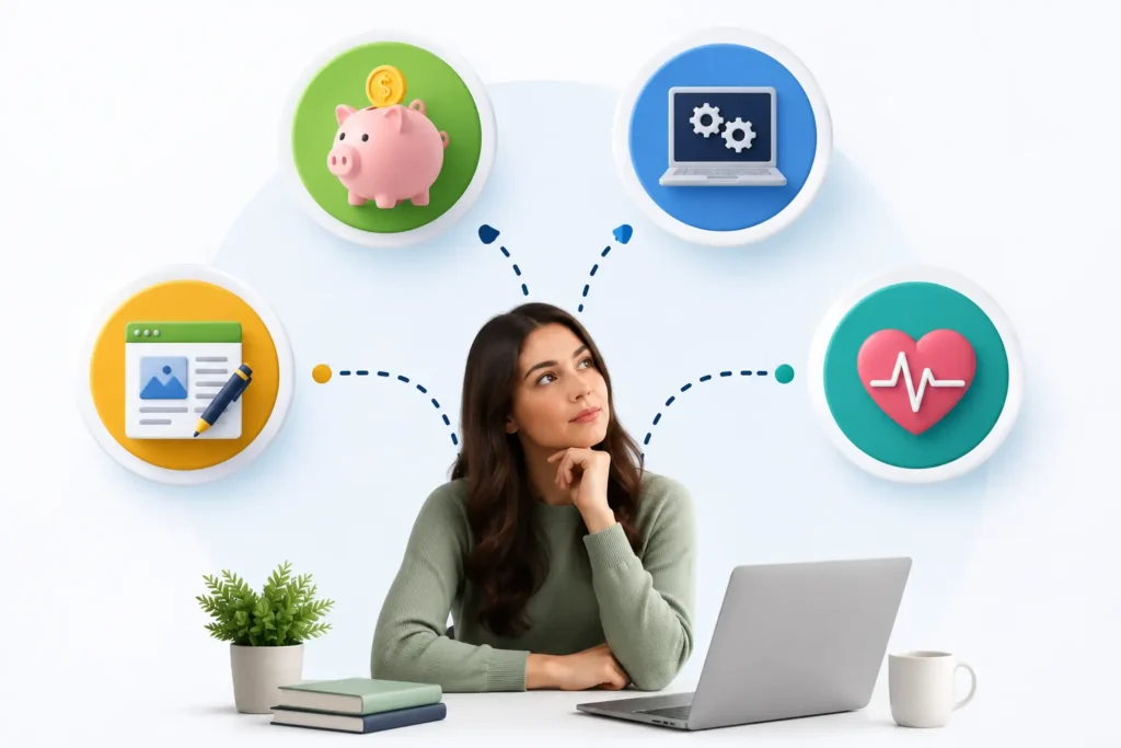 Blogger choosing a profitable niche for a blog with personal finance, technology, blogging, and health category icons.