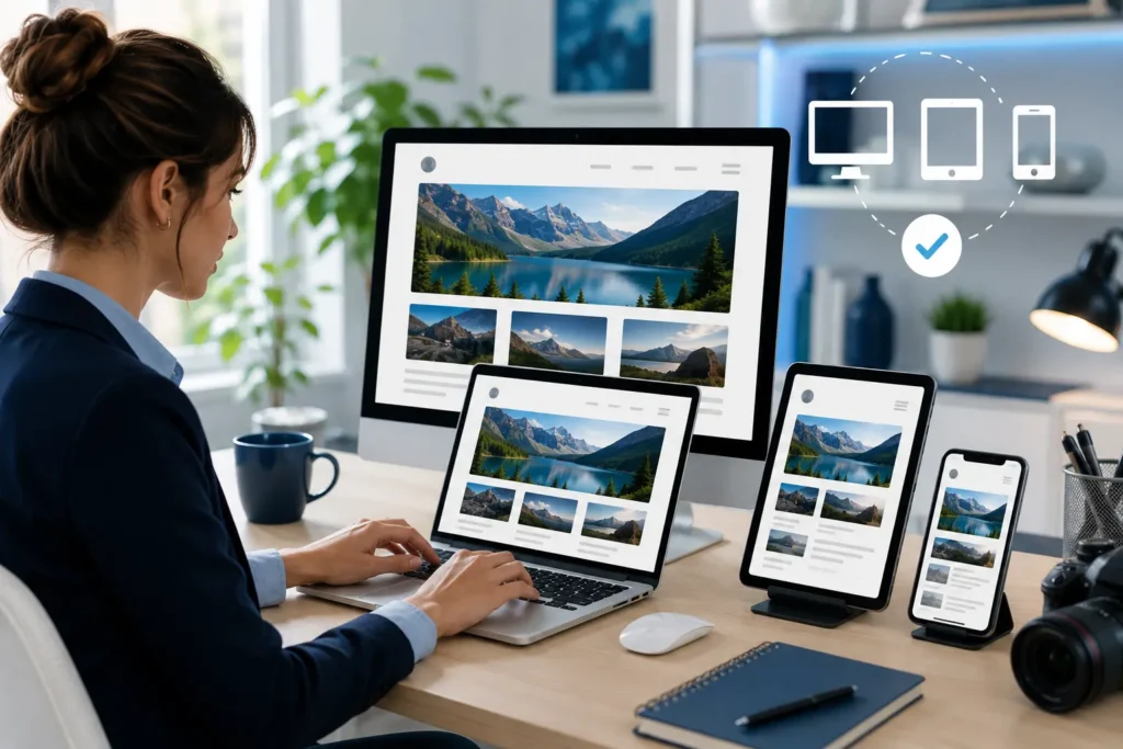 Young professional testing a responsive blog design across desktop, laptop, tablet, and smartphone in a modern workspace.