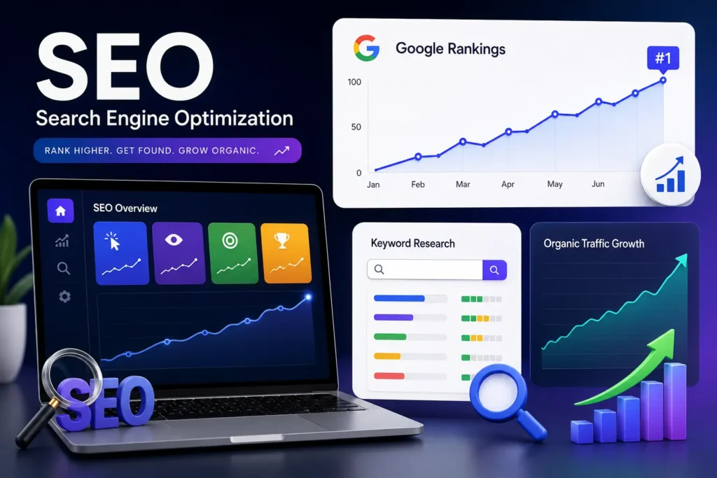 Search engine optimization SEO dashboard showing Google ranking, keyword research, and organic traffic growth.