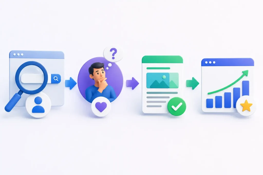 Search intent flow infographic showing how user search leads to reader expectations, helpful content, and better search rankings.