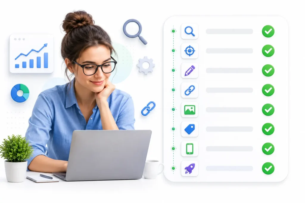 SEO checklist infographic for bloggers covering keyword research, search intent, headlines, internal links, image optimization, meta description, mobile-friendly design, and publishing.