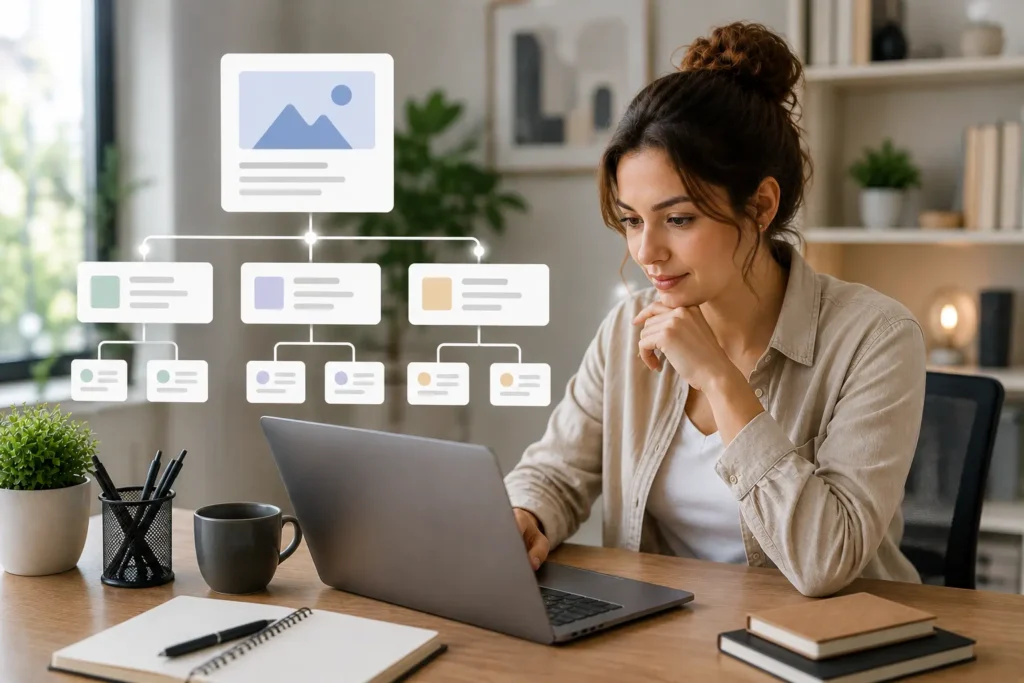 Young professional reviewing a structured blog outline with hierarchical content blocks while optimizing an SEO article on a laptop.