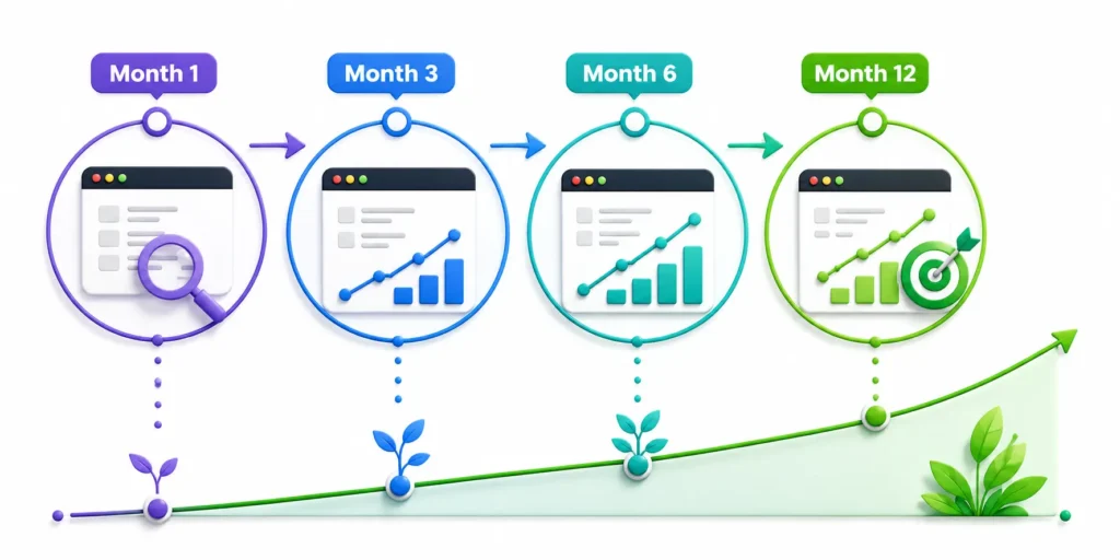 SEO timeline infographic showing steady organic traffic growth from month 1 to month 12, illustrating that SEO results take time.