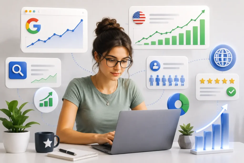 Young woman with glasses analyzing SEO traffic growth search rankings and audience engagement on a laptop.