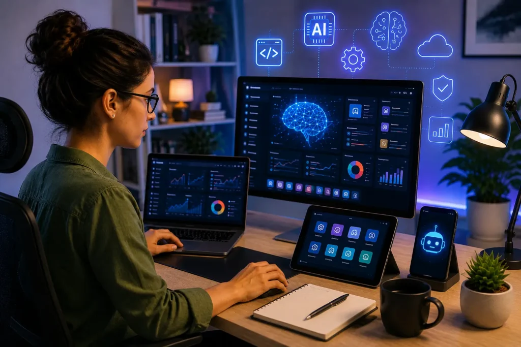 Young female professional using AI tools and software dashboards in a modern technology workspace.