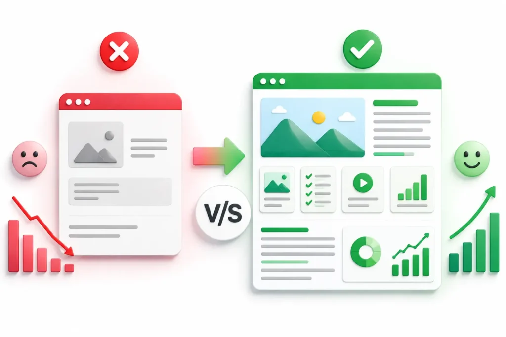 Infographic comparing thin content with helpful content, showing why comprehensive, valuable content performs better in SEO and search rankings.