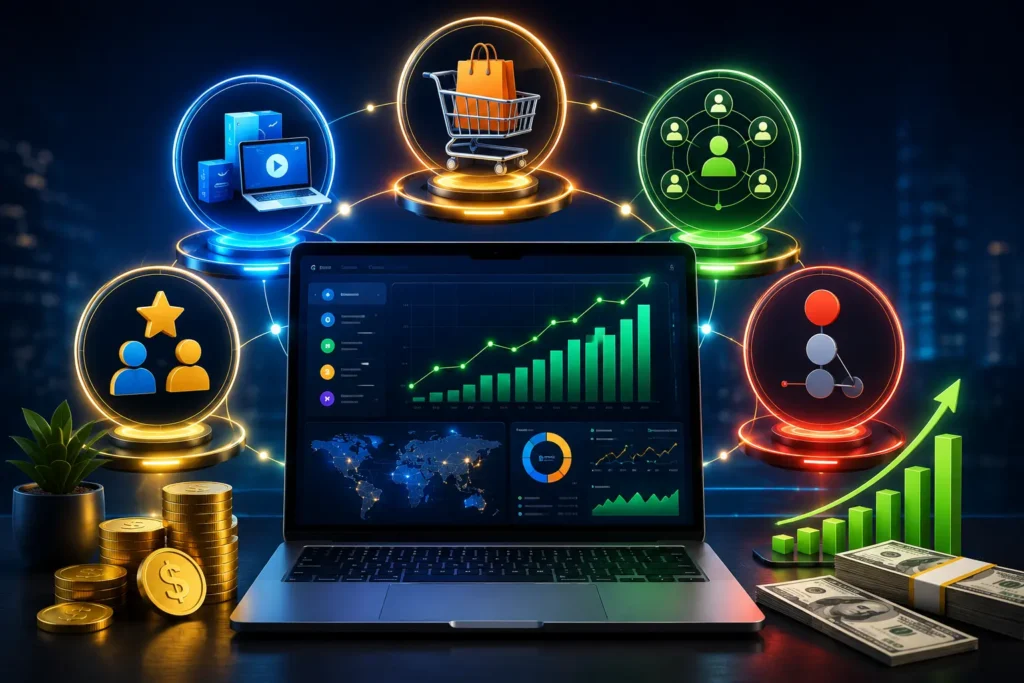 Affiliate marketing dashboard showing top affiliate program concepts, commission growth analytics, digital products, partnership networks, and online earnings opportunities for beginners in the USA.