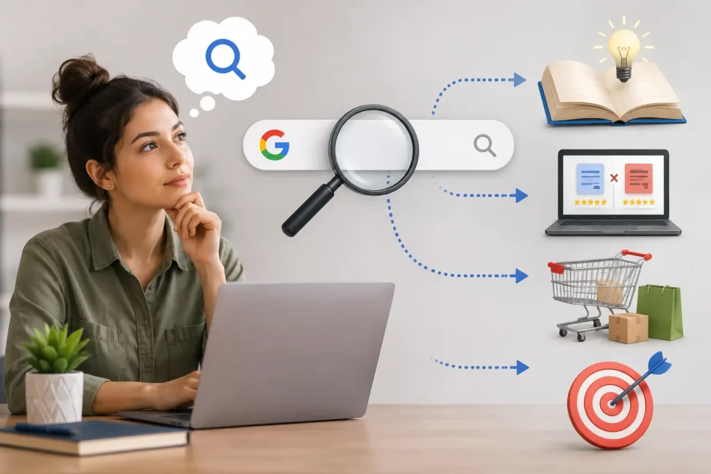 Young woman researching search intent on a laptop with visual search journey illustrating how Google matches user queries to relevant results.