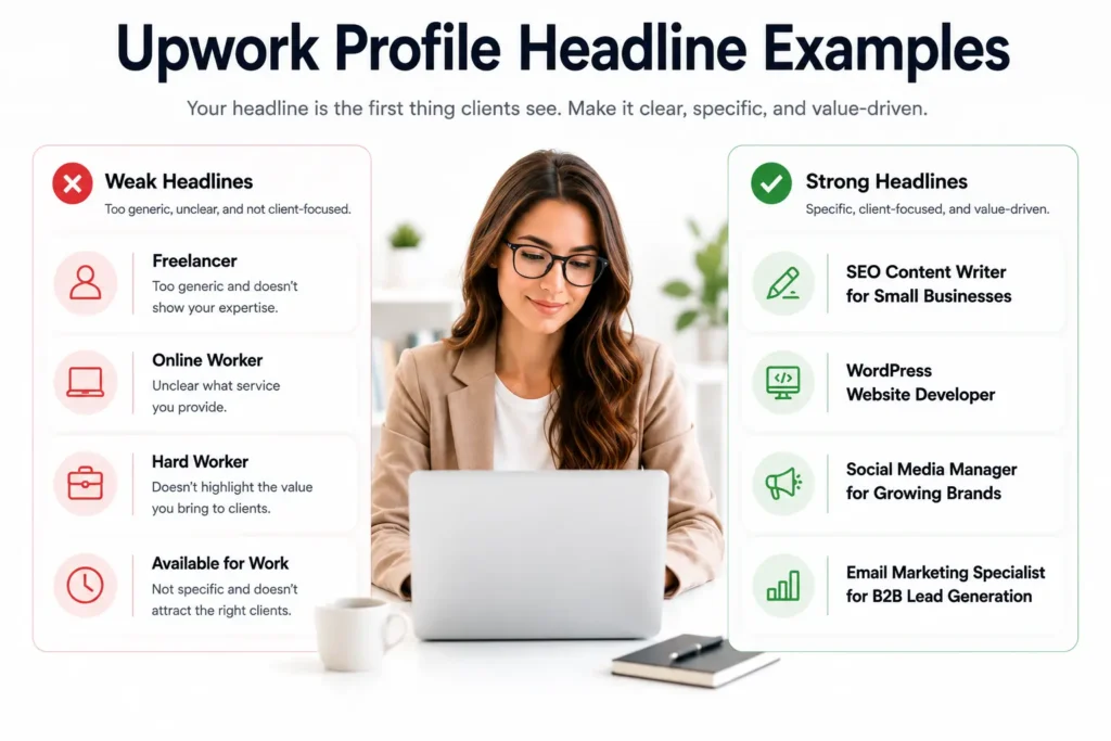 Examples of strong and weak Upwork profile headlines for freelancers creating a professional Upwork profile in 2026.