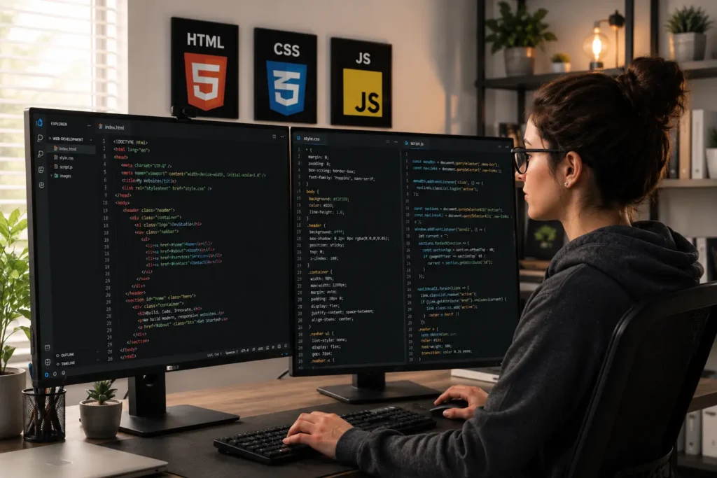 Female web developer coding with HTML CSS and JavaScript on dual monitors in a professional.