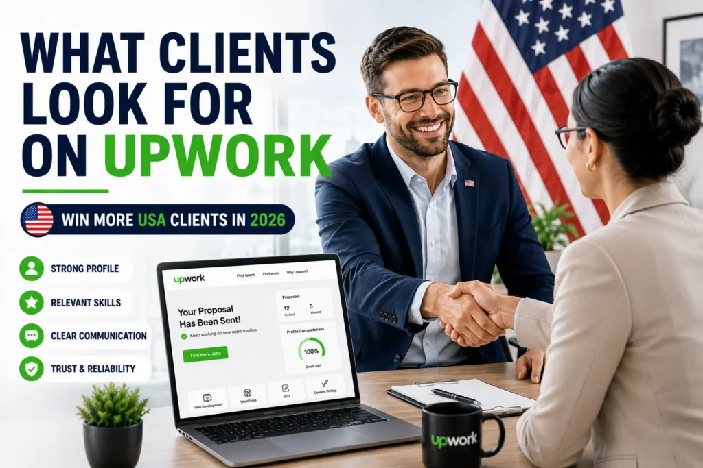 Professional freelancer meeting a USA client, illustrating what clients look for on Upwork including communication, reliability, skills, and relevant experience.