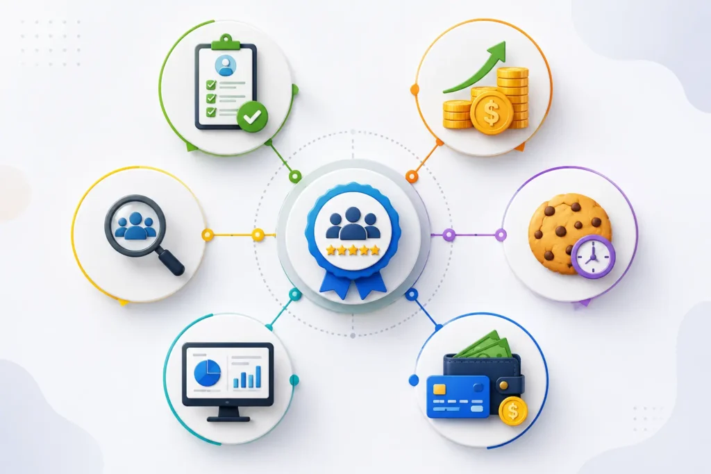 Infographic showing the key factors of a good affiliate program including approval, commission, cookie duration, dashboard, payment, and market demand.