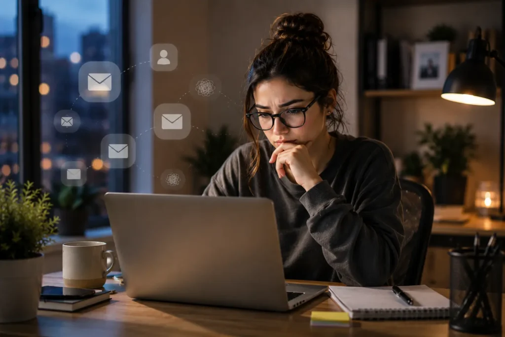 Young American female freelancer struggling to get her first freelance client online.