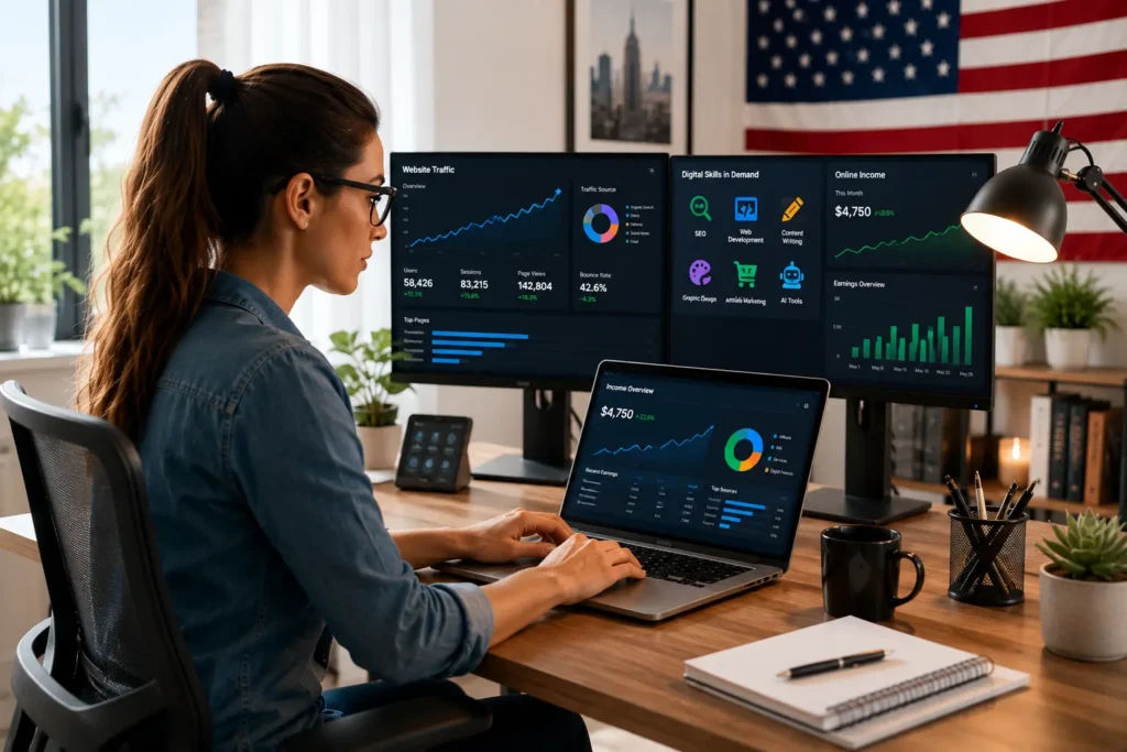 Young American woman working remotely with digital marketing analytics, SEO dashboards, and online business growth tools in 2026.