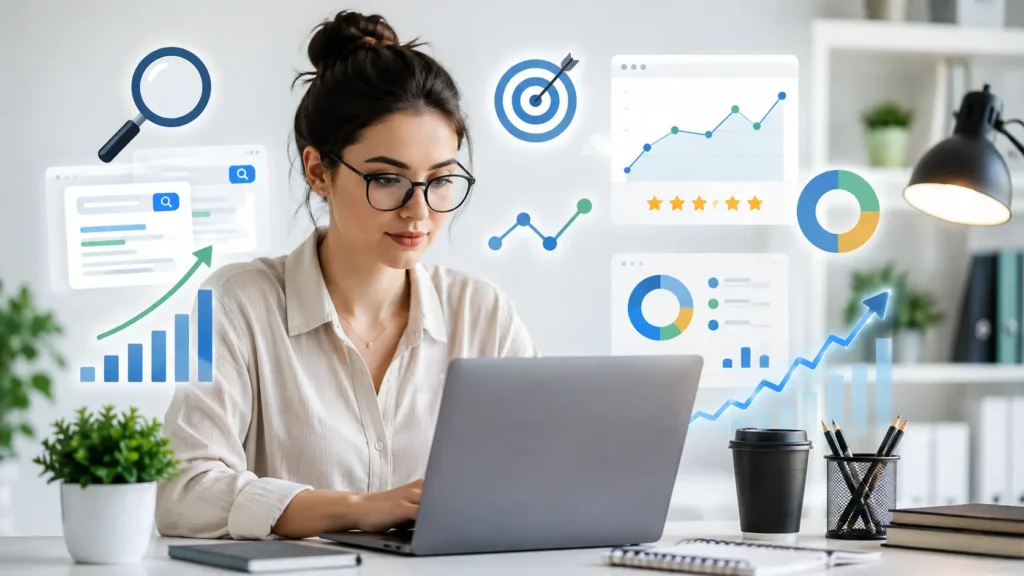 Illustration showing why SEO matters for new bloggers with organic traffic, search rankings, search intent, and website growth.