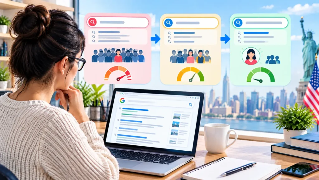 Low-competition keyword examples from broad to specific search terms